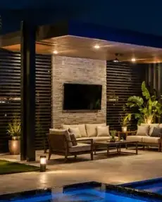 Nighttime pool and outdoor living by Grunit