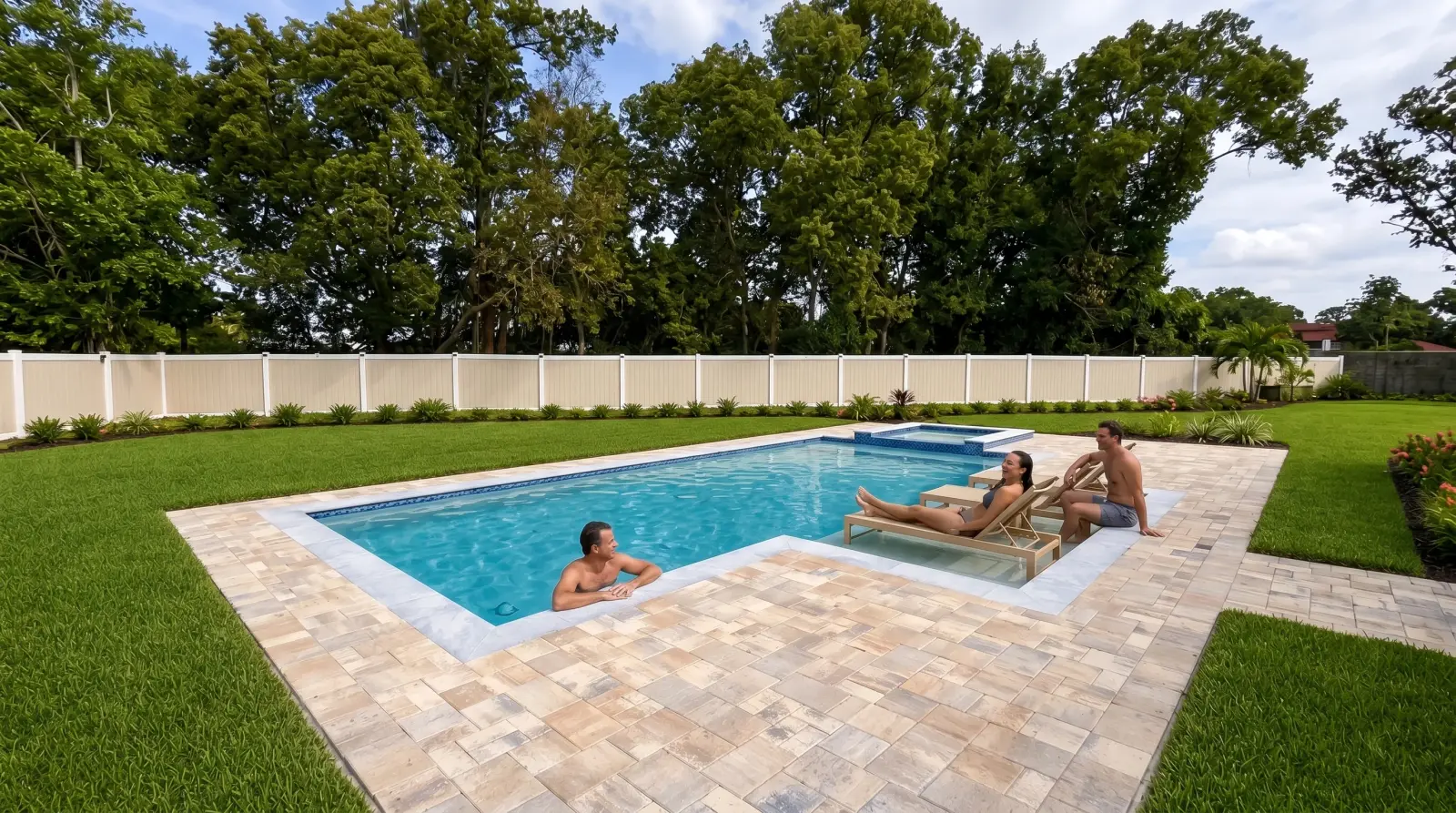 Four fictional adult friends enjoying a golden-hour swim in the completed pool