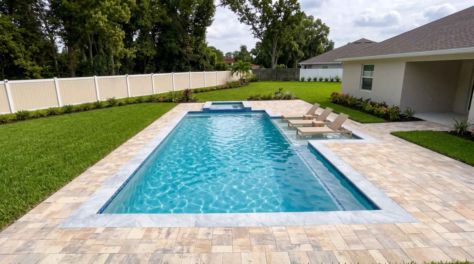 Photoreal three quarter visualization of the completed Ardele Court Residence poolscape