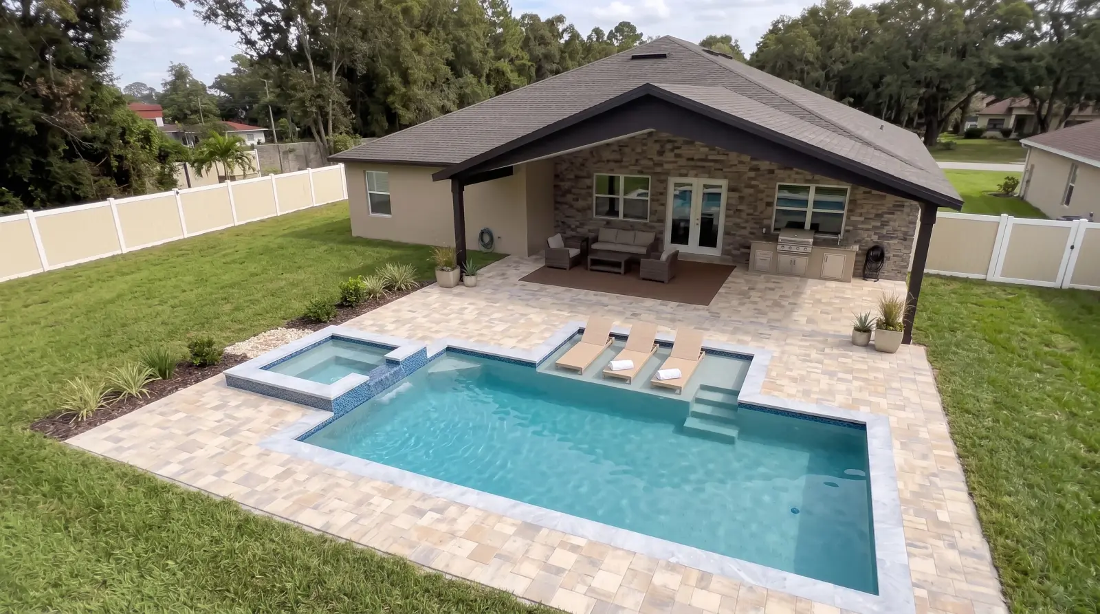 Photoreal top visualization of the completed Ardele Court Residence poolscape