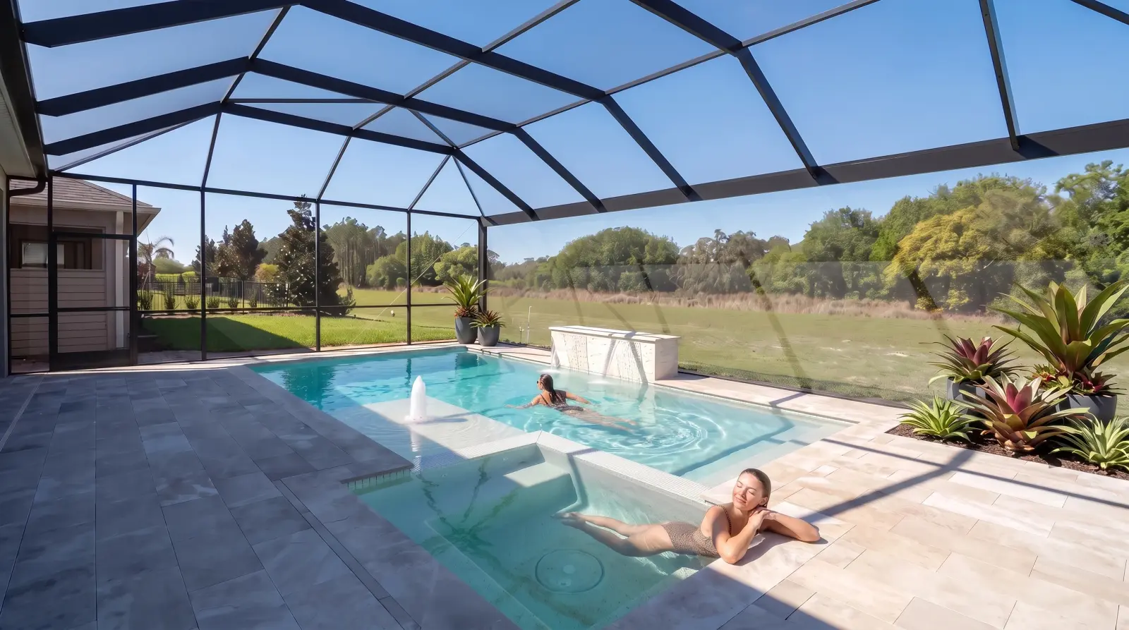 Two fictional young adults swimming and relaxing together in the completed pool