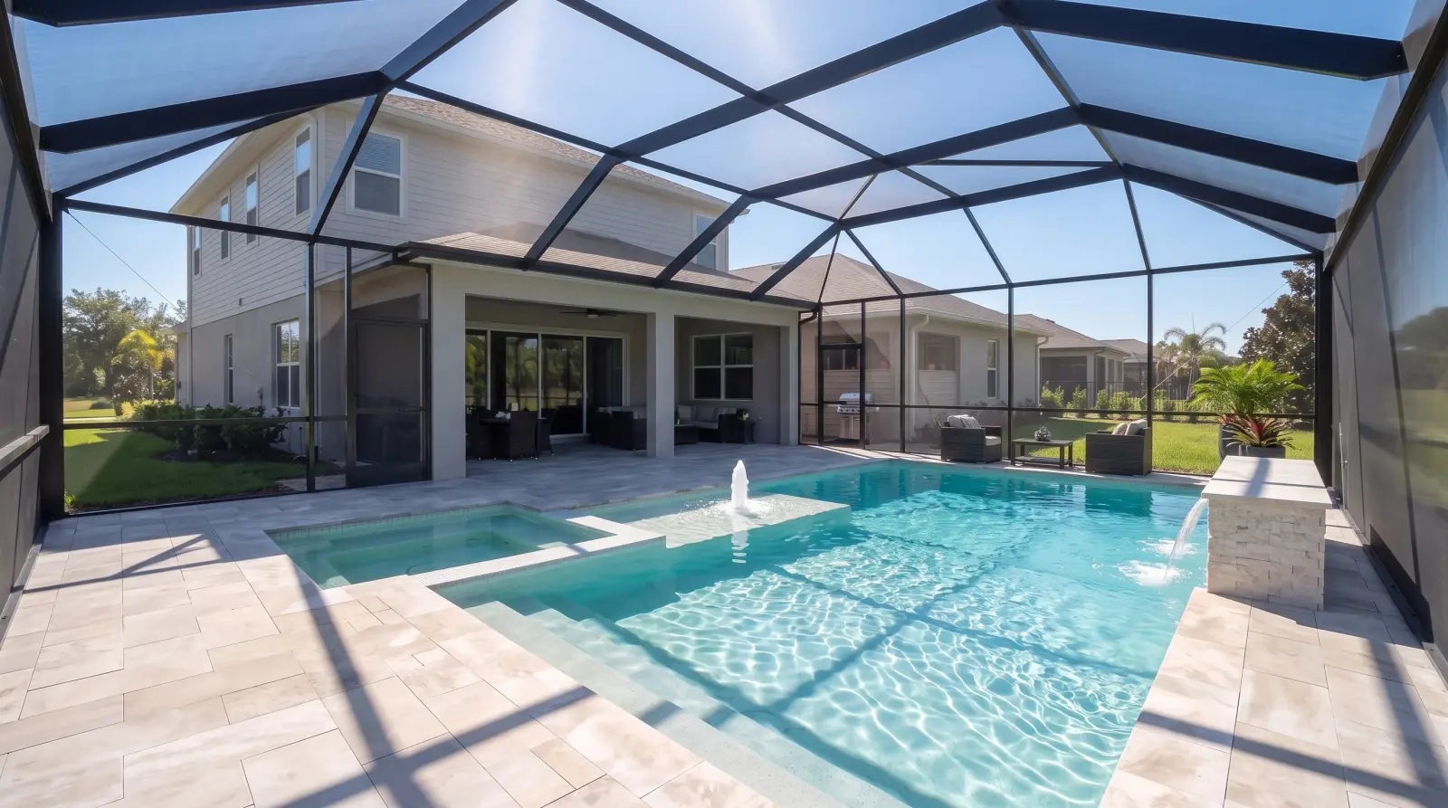 Photoreal back visualization of the completed Bolero Road Residence poolscape