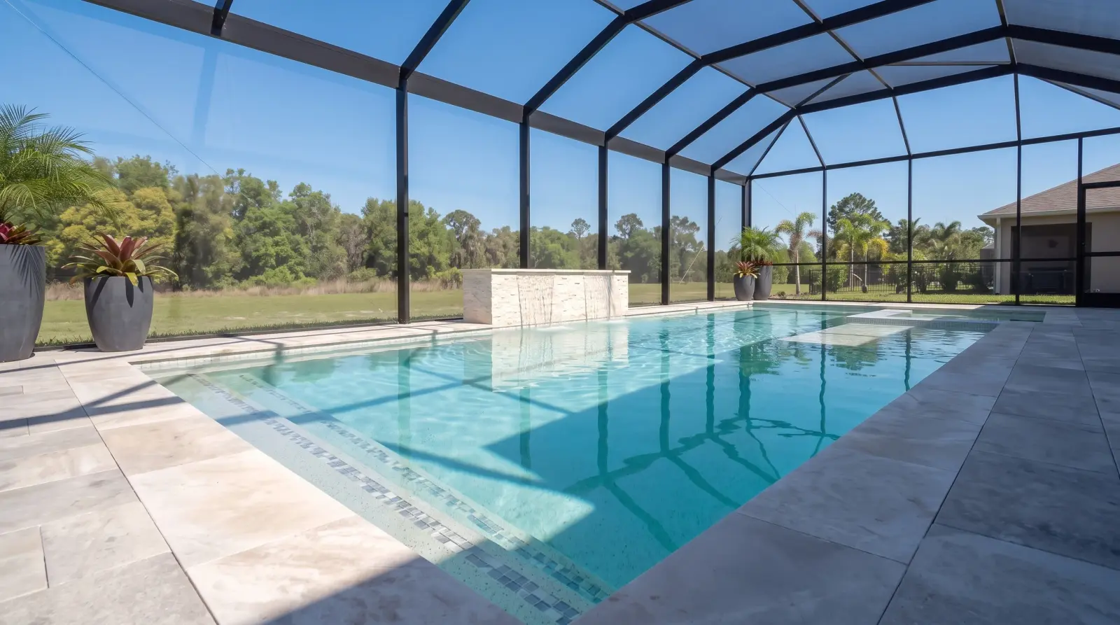 Photoreal left visualization of the completed Bolero Road Residence poolscape