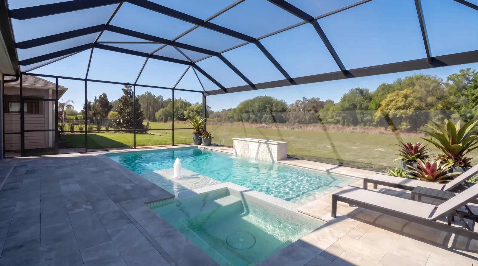 Photoreal right visualization of the completed Bolero Road Residence poolscape