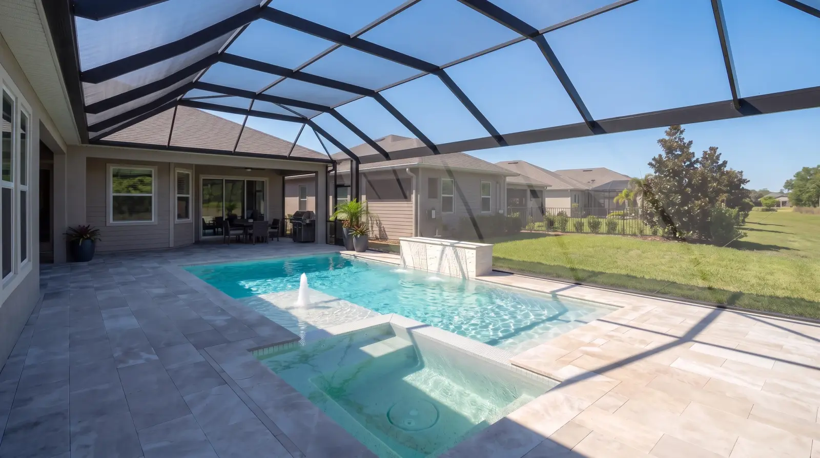 Photoreal three quarter visualization of the completed Bolero Road Residence poolscape