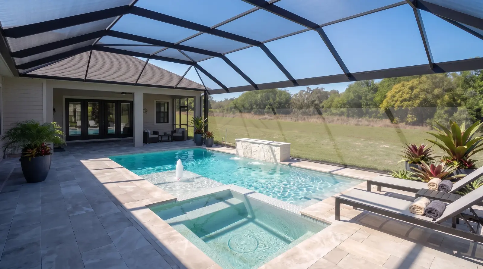 Photoreal top visualization of the completed Bolero Road Residence poolscape