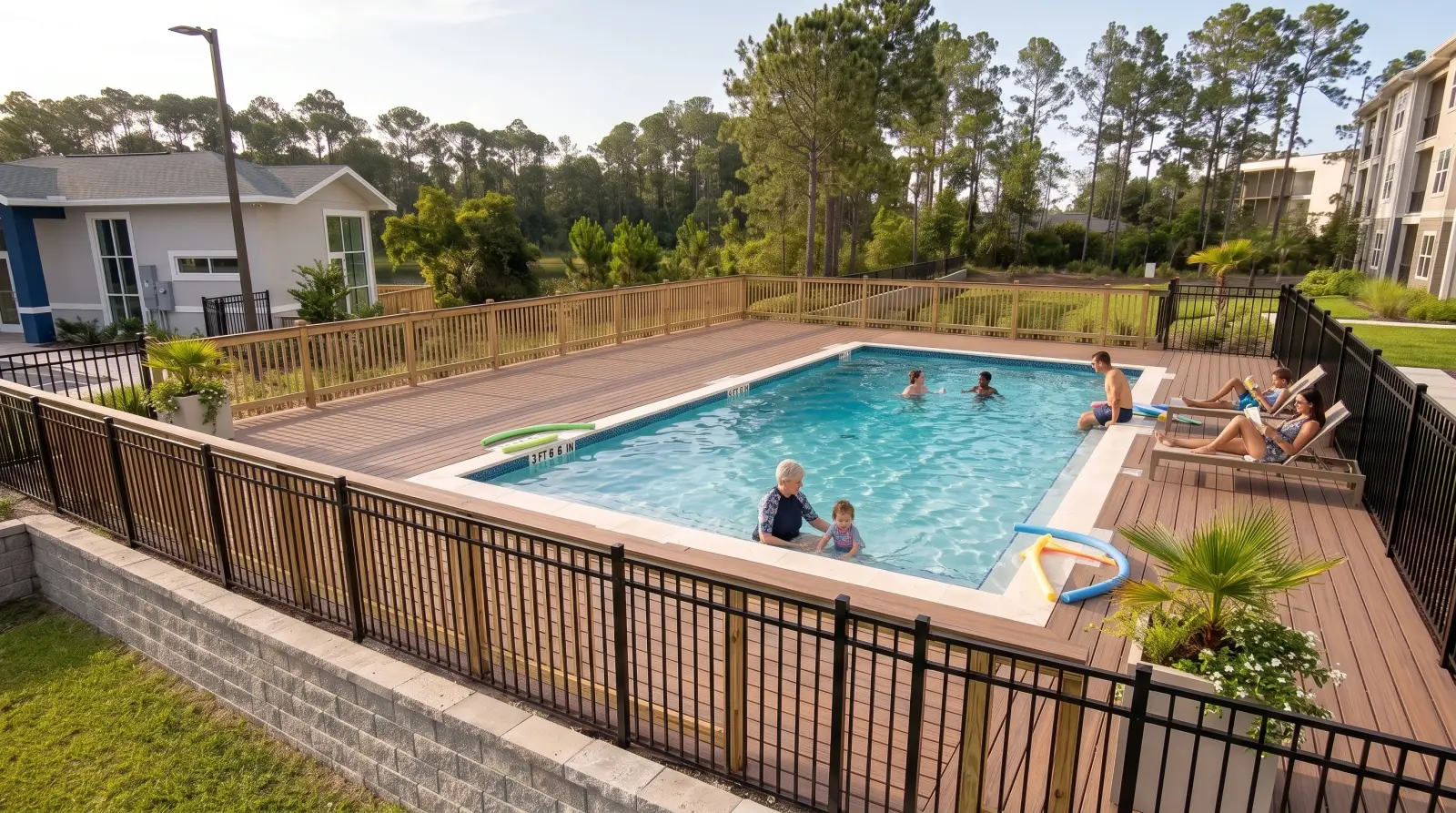 A fictional cross-generational group of residents swimming in the completed community pool