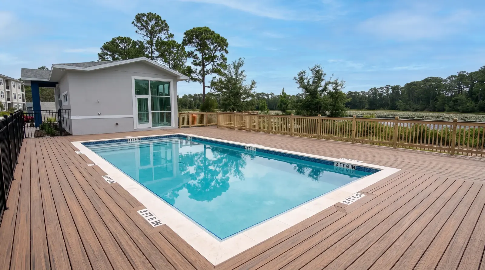 Photoreal right visualization of the completed Cardinal Street Aquatic Center poolscape