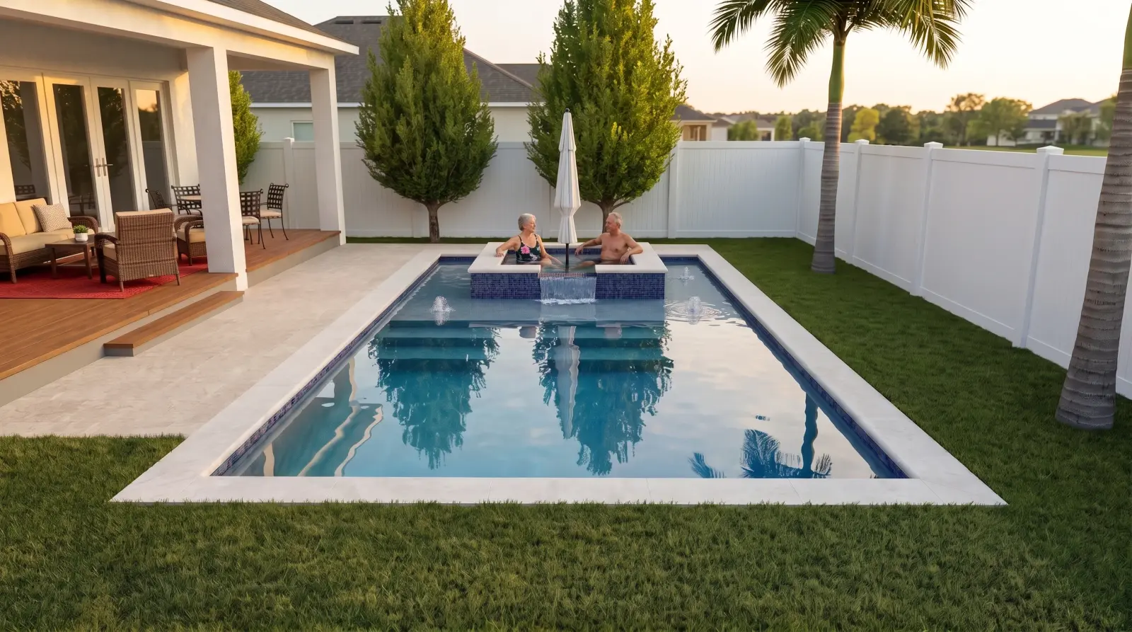 A fictional older adult couple enjoying a sunset swim in the completed pool