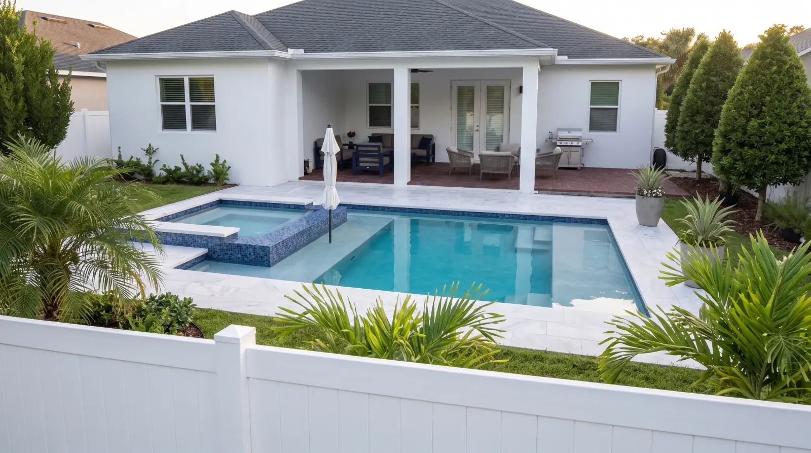 Photoreal back visualization of the completed East Kings Way Residence poolscape