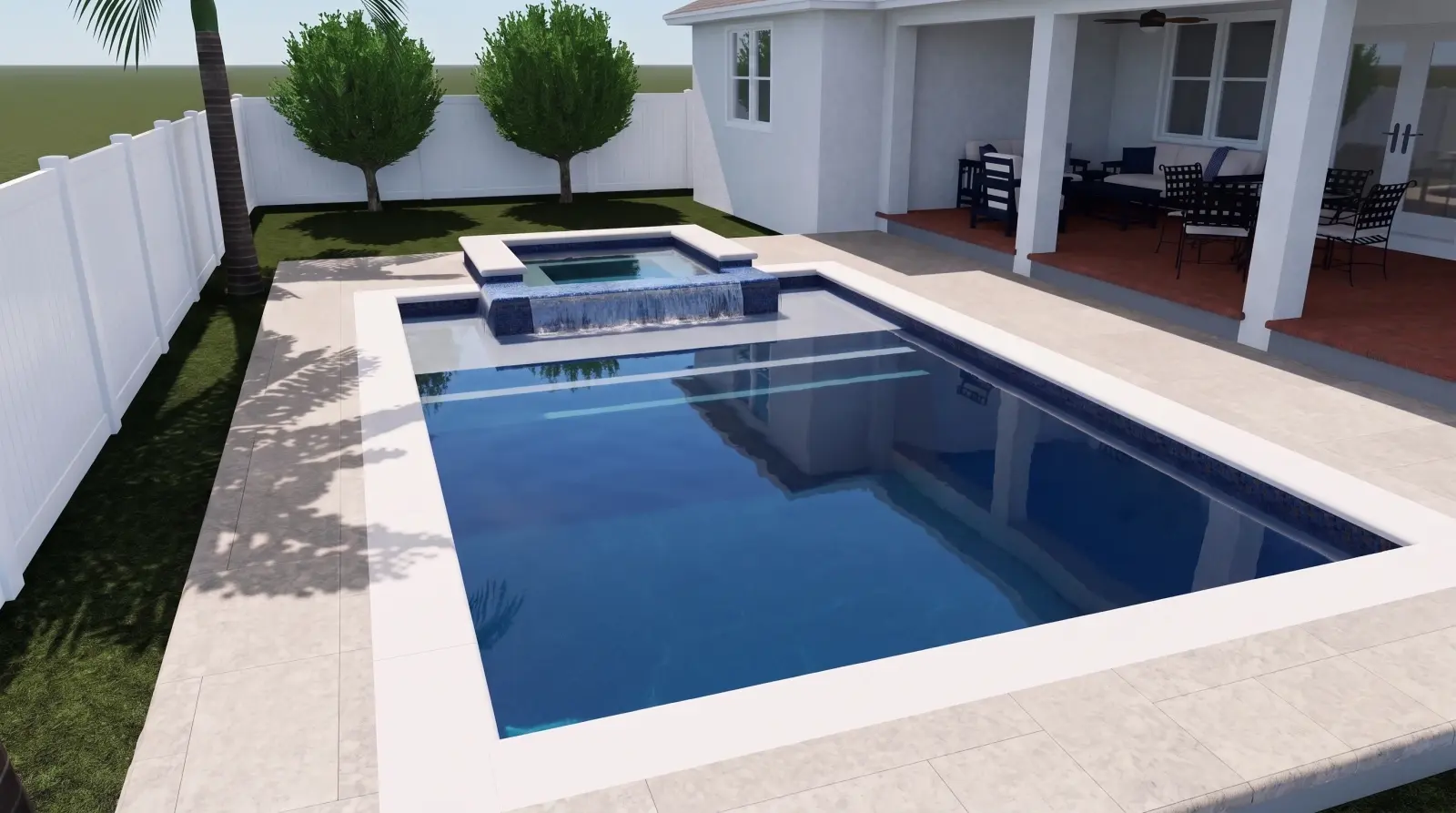 Photoreal left visualization of the completed East Kings Way Residence poolscape