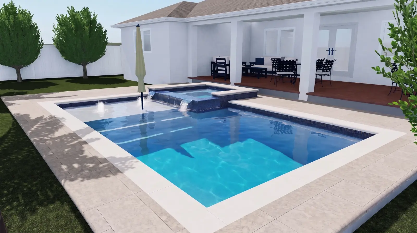 Photoreal right visualization of the completed East Kings Way Residence poolscape