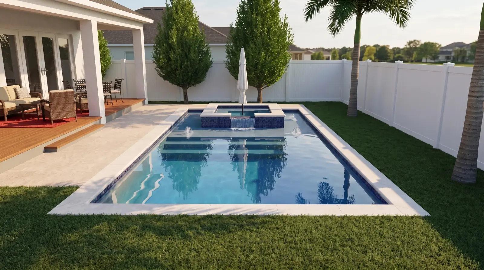 Photoreal three quarter visualization of the completed East Kings Way Residence poolscape