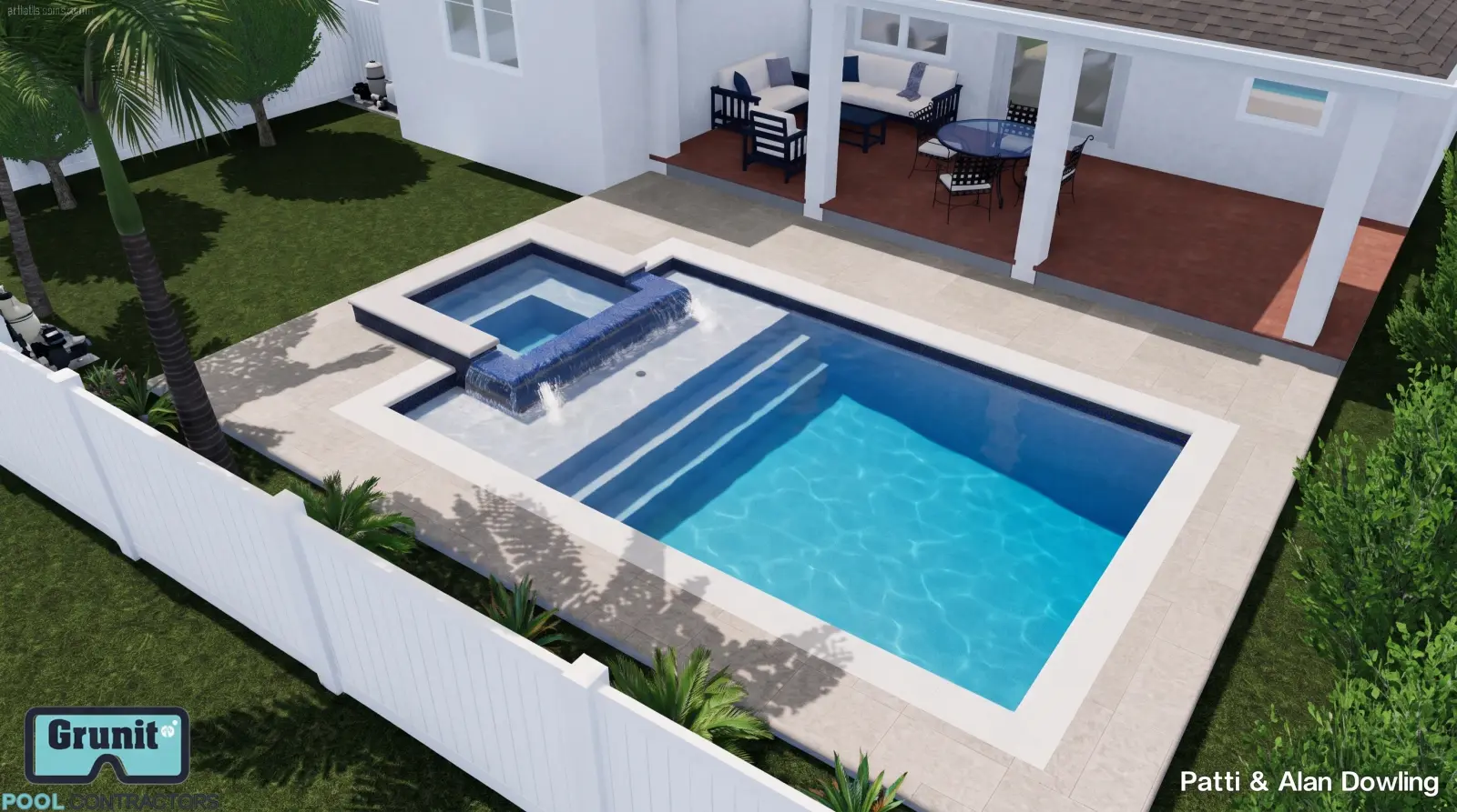 Photoreal top visualization of the completed East Kings Way Residence poolscape