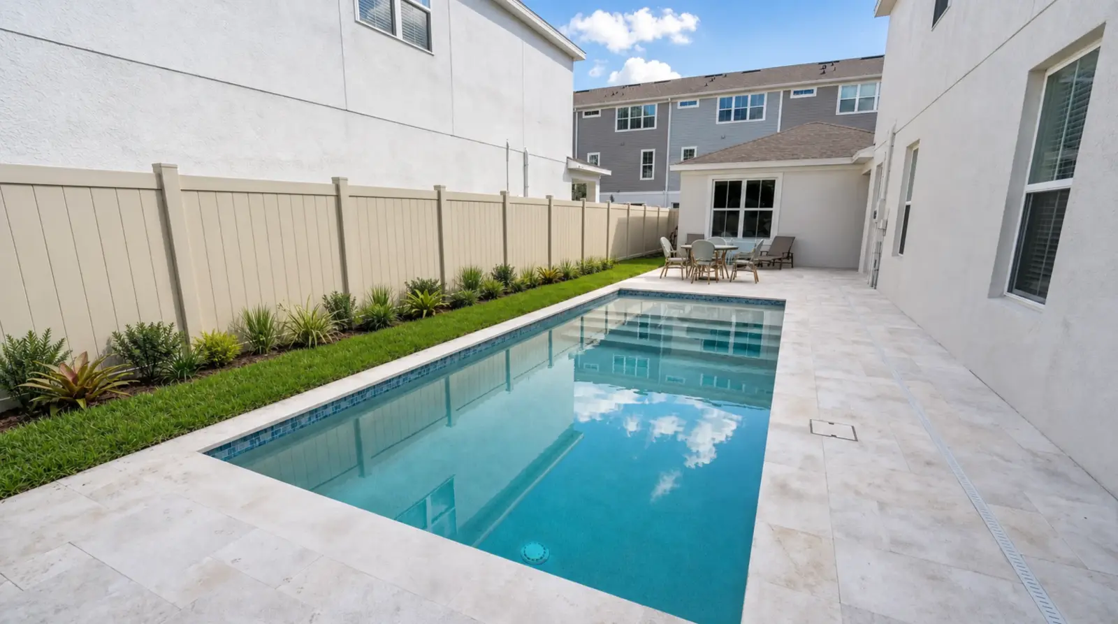 Reverse documentary view of the completed Forest Circle Residence pool and entry steps