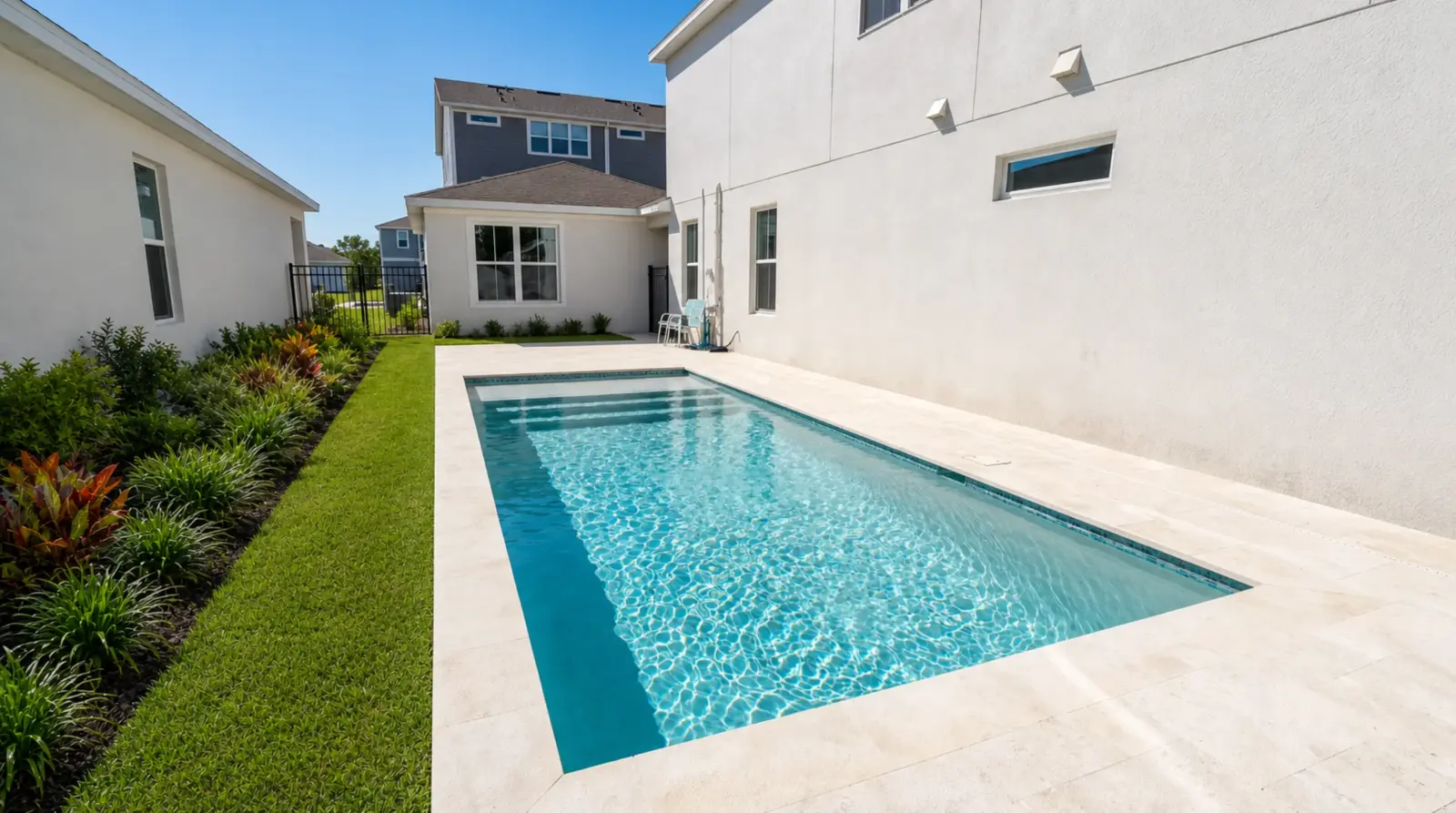 Completed Forest Circle Residence pool viewed lengthwise toward the home