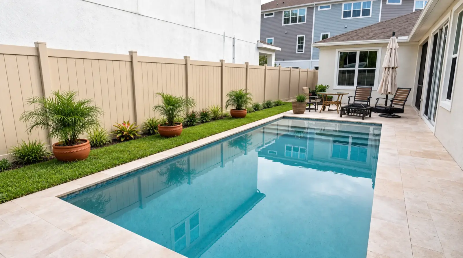 Three-quarter view of the completed Forest Circle Residence pool, compact deck, and privacy fence