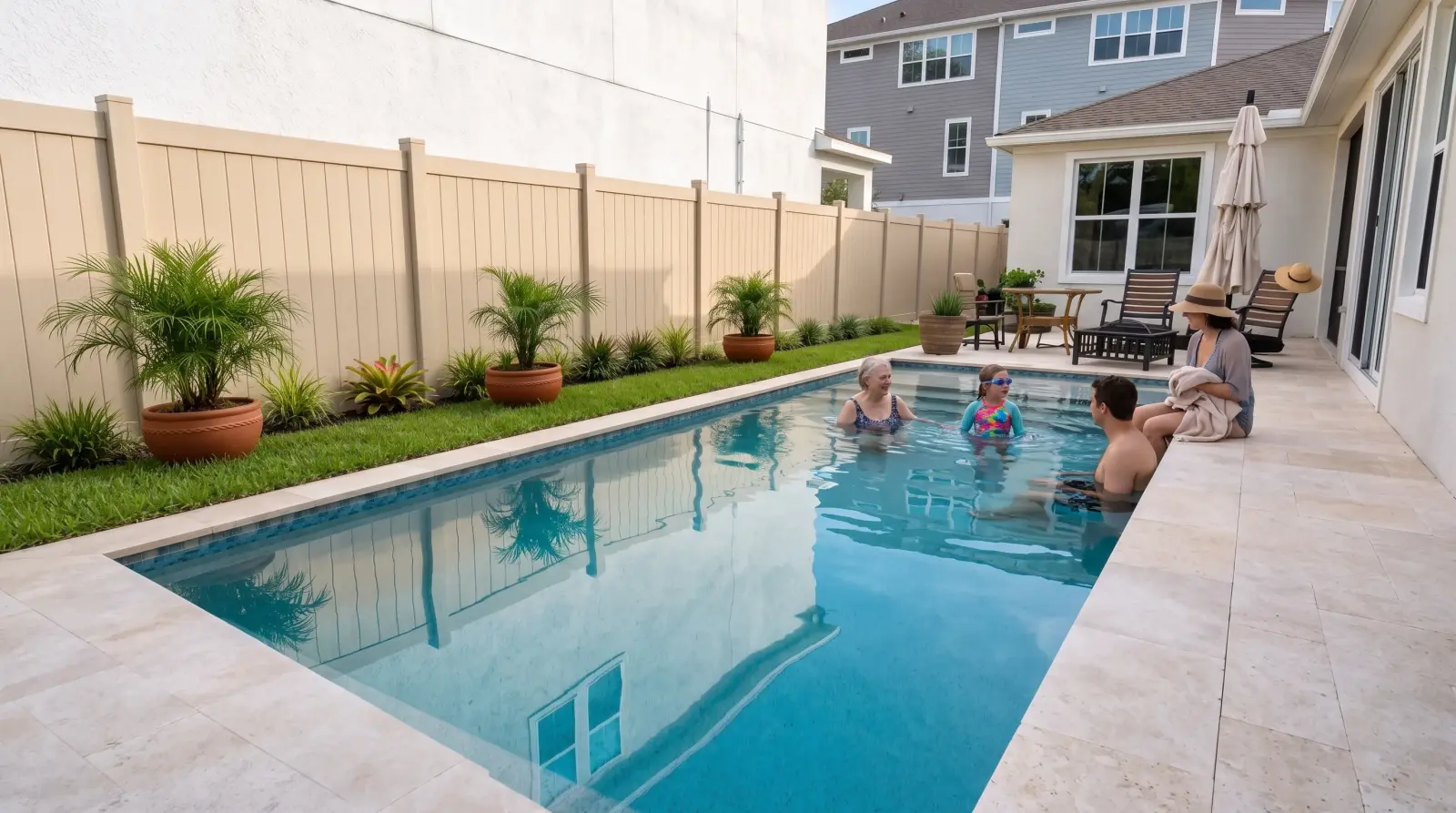 A fictional family group enjoying a supervised swim together in the completed pool