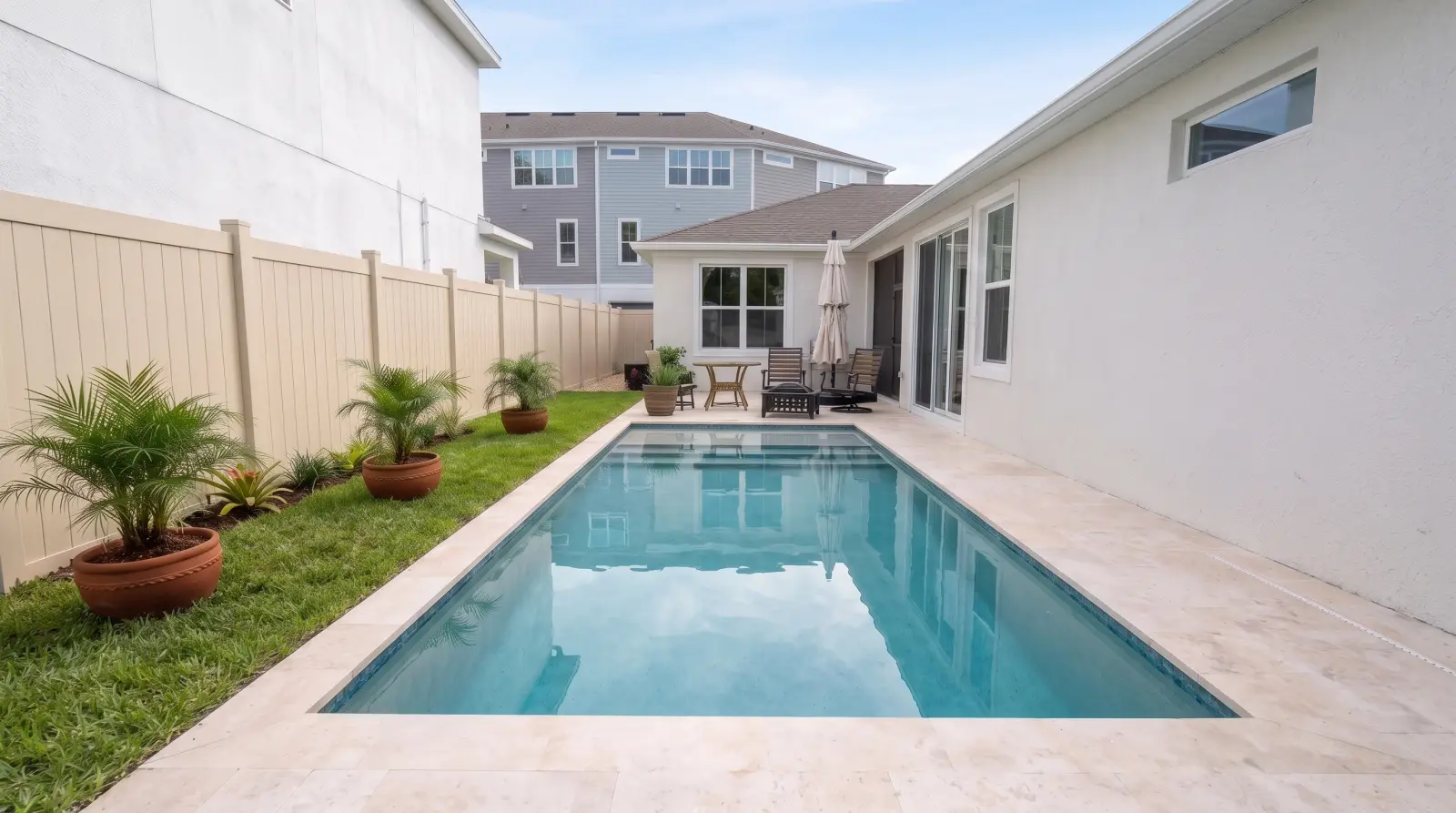Photoreal fence-to-home visualization of the completed Forest Circle Residence poolscape