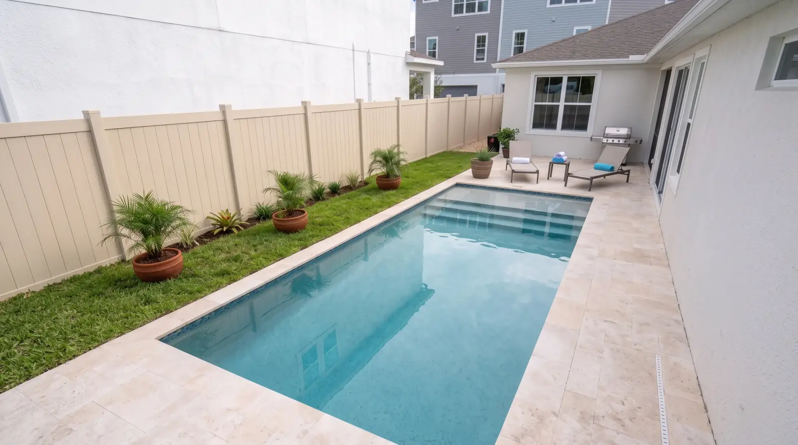 Photoreal elevated visualization of the completed Forest Circle Residence poolscape