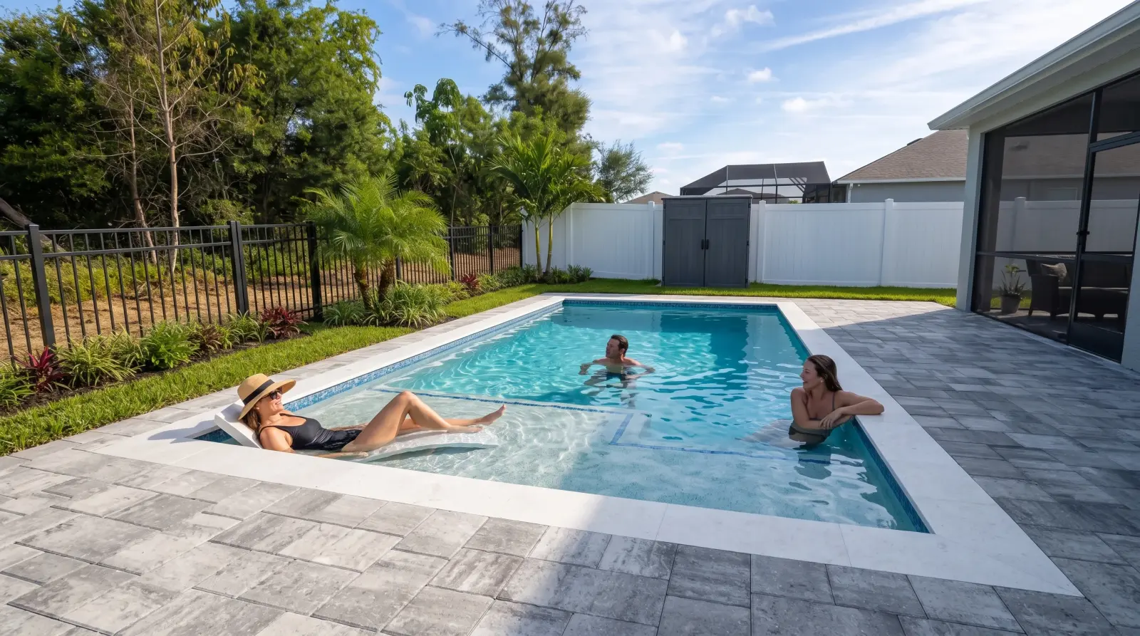 Three fictional adult friends swimming and relaxing together in the completed pool