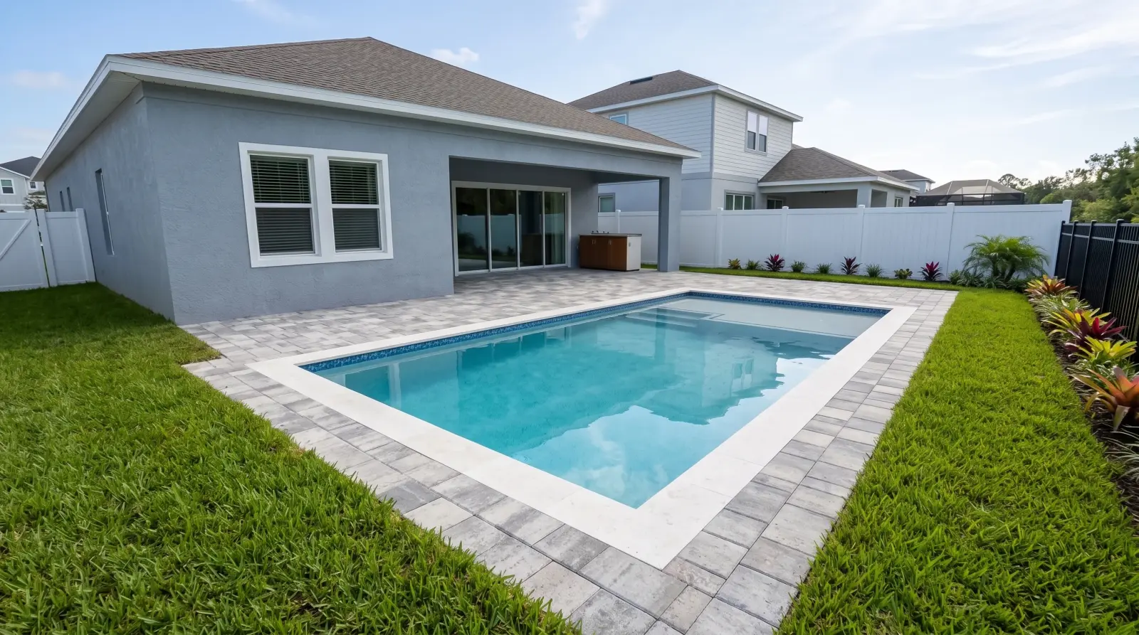 Photoreal back visualization of the completed Larkspur Lake Drive Residence poolscape