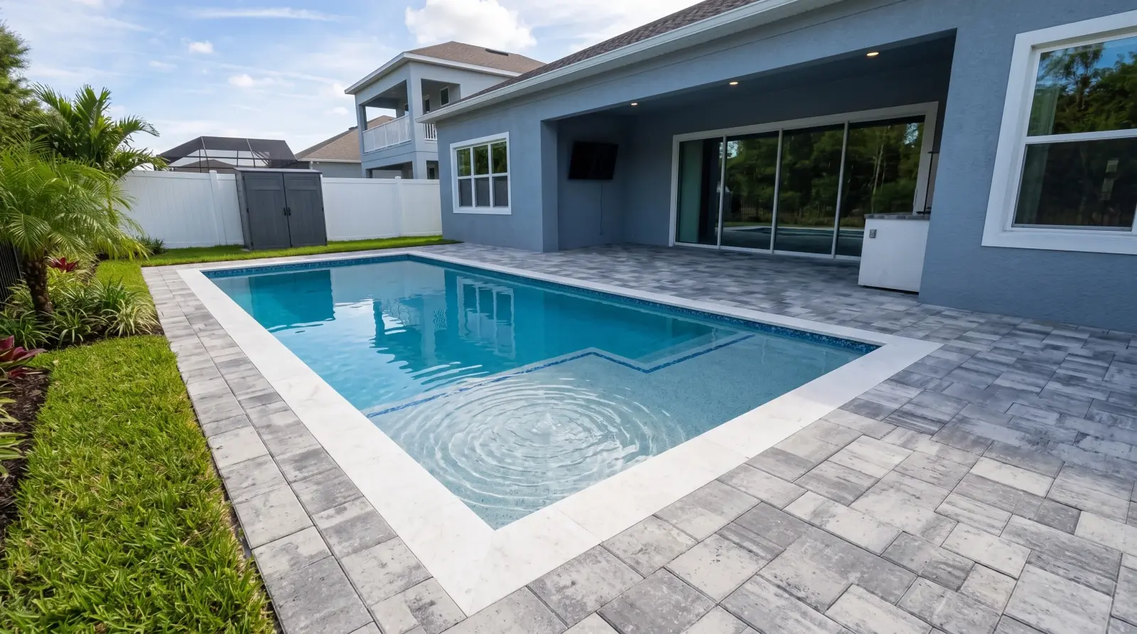 Photoreal left visualization of the completed Larkspur Lake Drive Residence poolscape