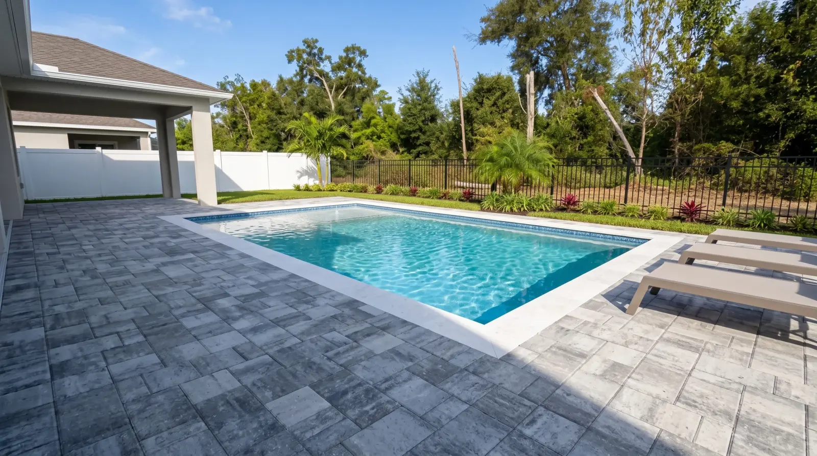 Photoreal right visualization of the completed Larkspur Lake Drive Residence poolscape