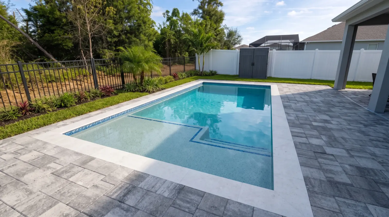 Photoreal three quarter visualization of the completed Larkspur Lake Drive Residence poolscape