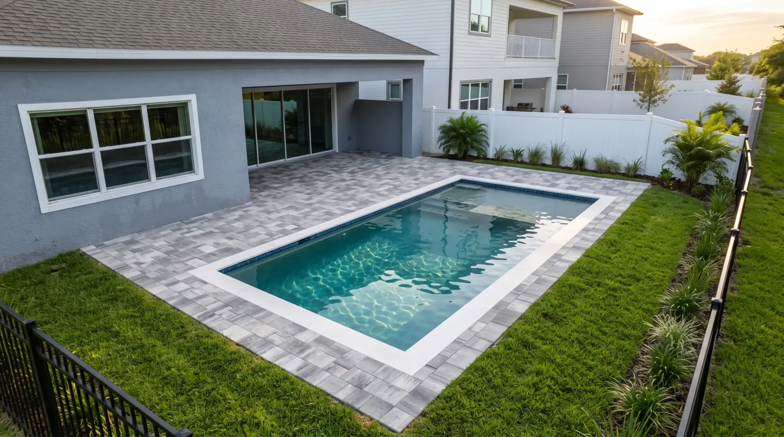 Photoreal top visualization of the completed Larkspur Lake Drive Residence poolscape