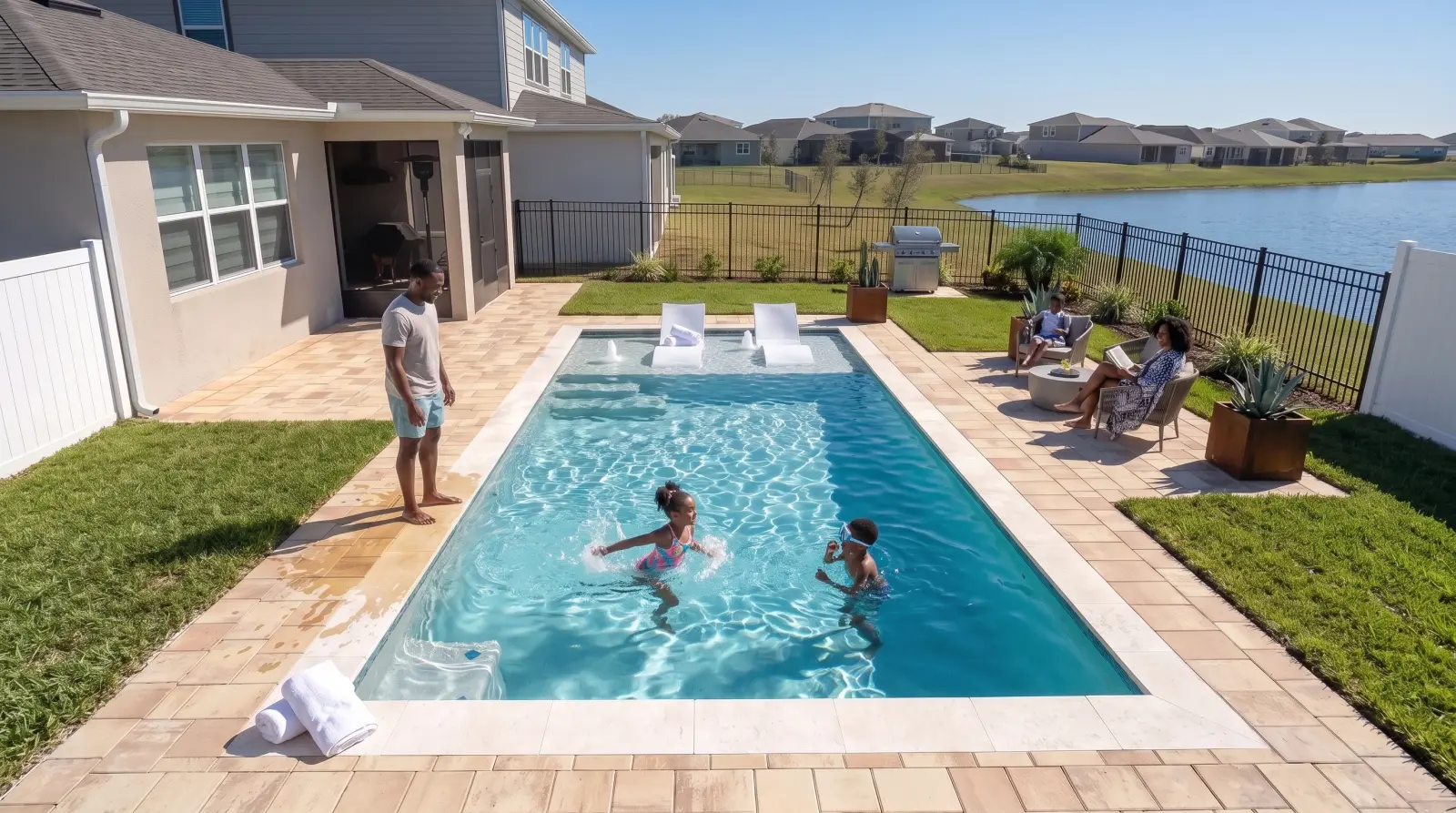 A fictional family enjoying a supervised weekend swim in the completed pool