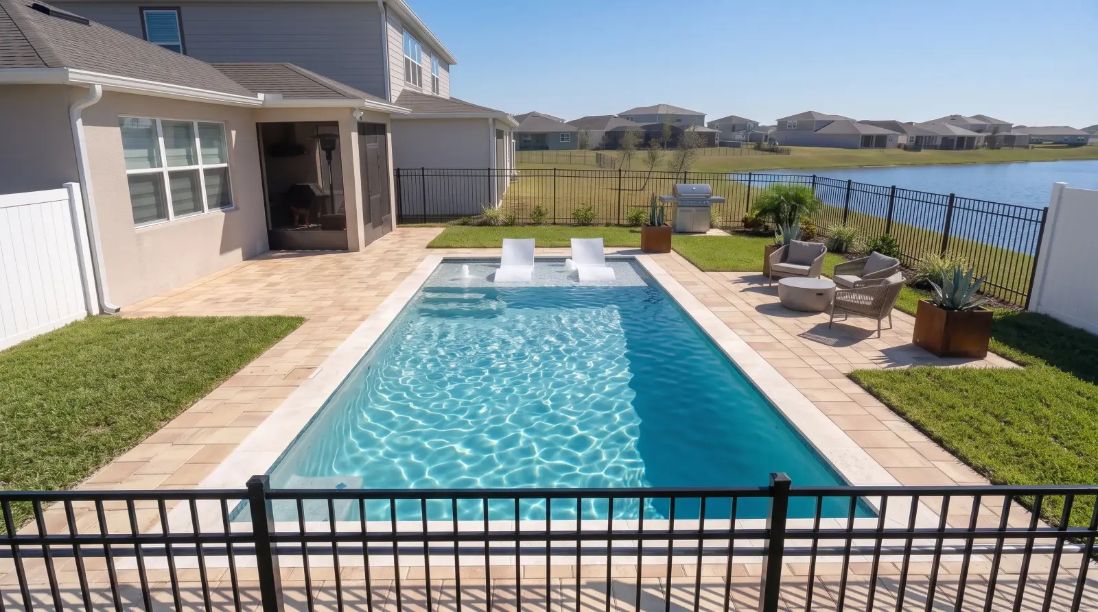 Photoreal back visualization of the completed Mossy Wood Avenue Residence poolscape