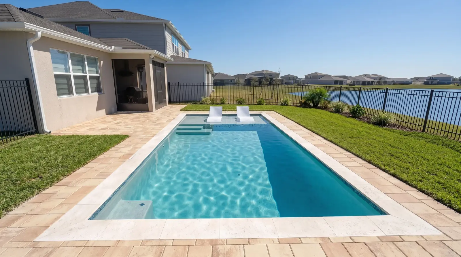 Photoreal left visualization of the completed Mossy Wood Avenue Residence poolscape