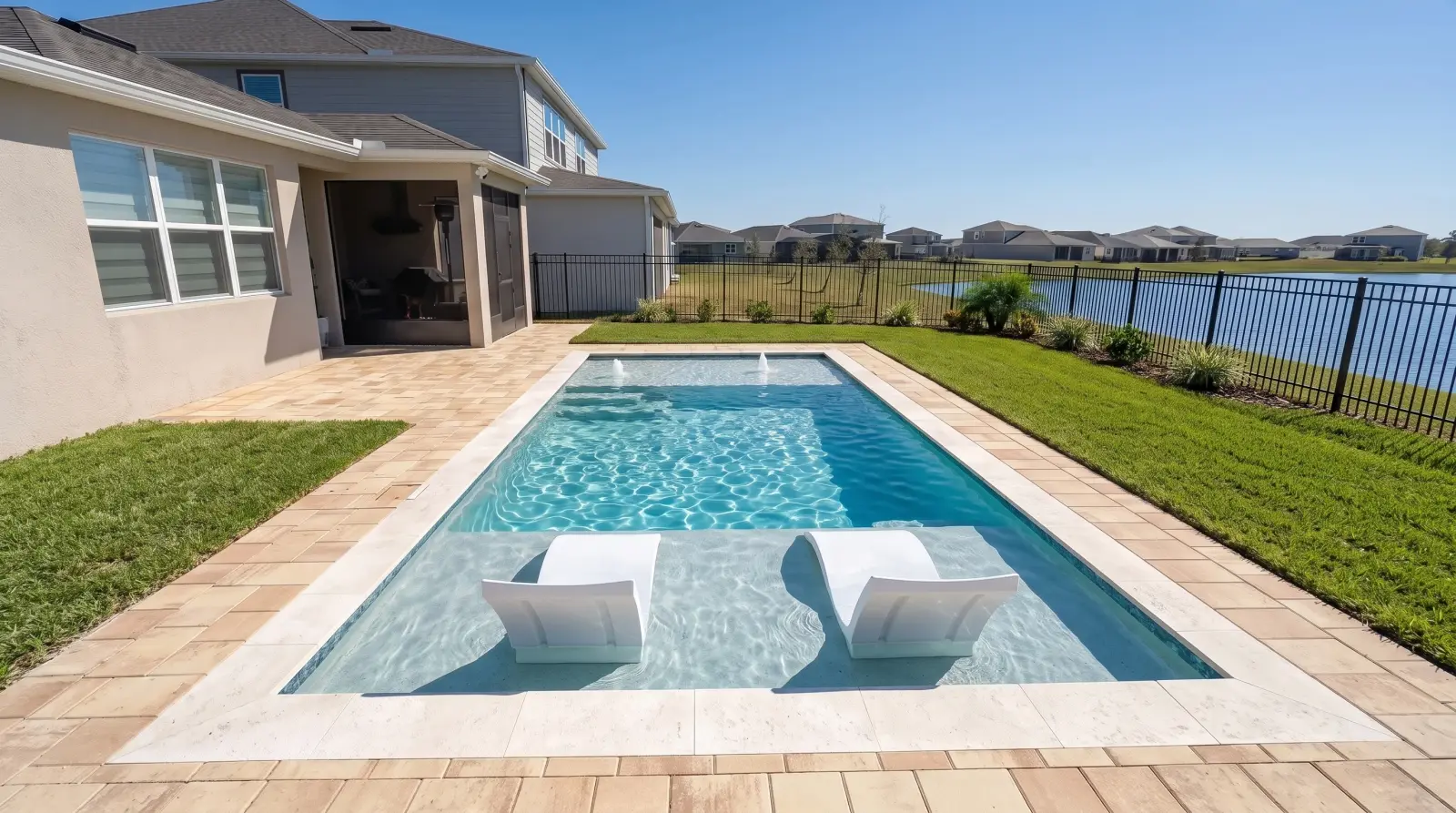 Photoreal right visualization of the completed Mossy Wood Avenue Residence poolscape
