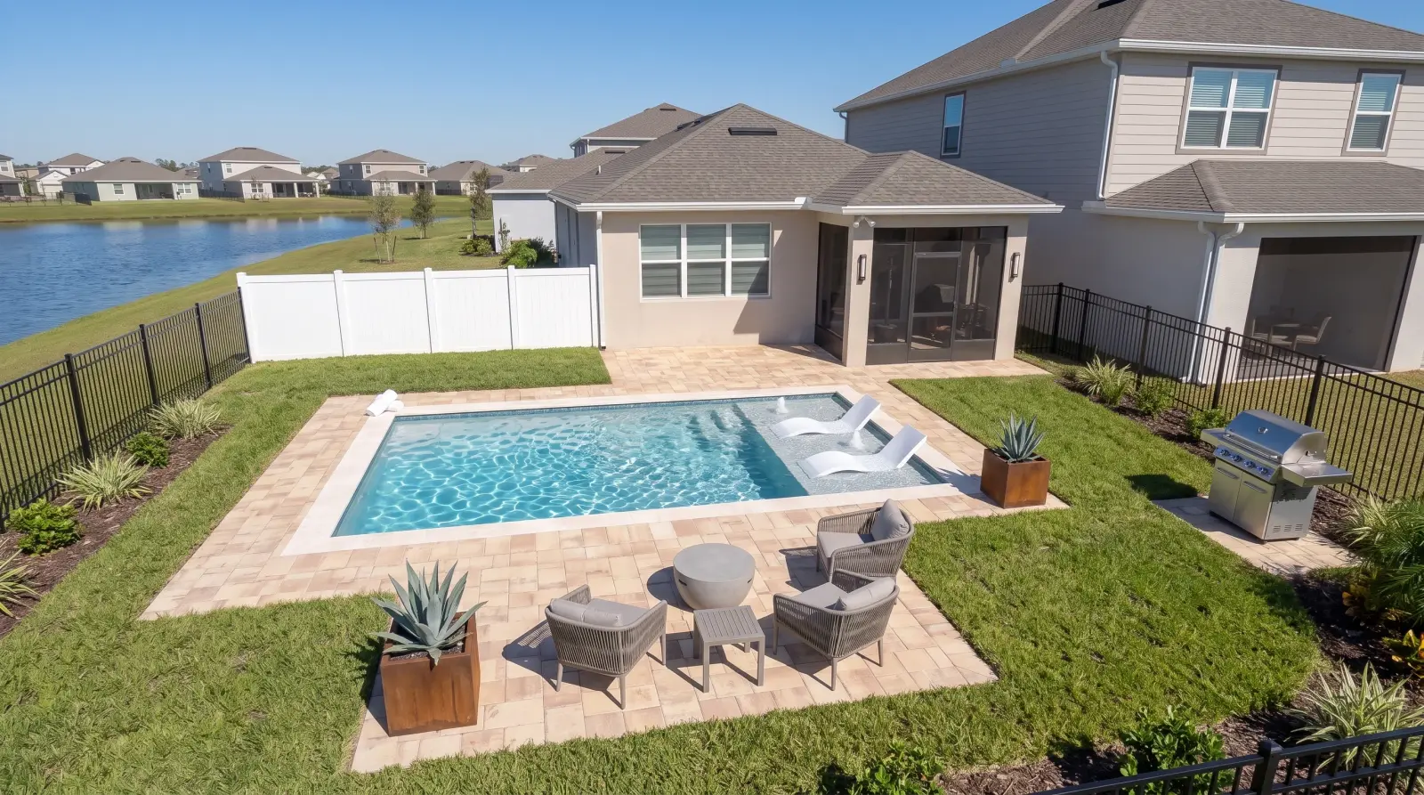 Photoreal three quarter visualization of the completed Mossy Wood Avenue Residence poolscape