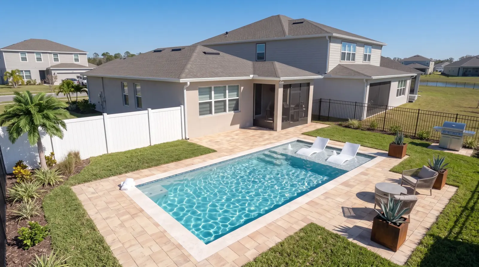 Photoreal top visualization of the completed Mossy Wood Avenue Residence poolscape