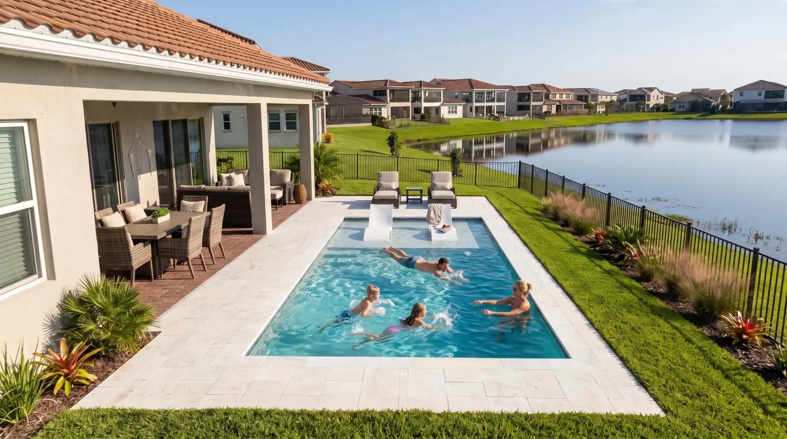 A fictional extended family swimming and relaxing together in the completed pool