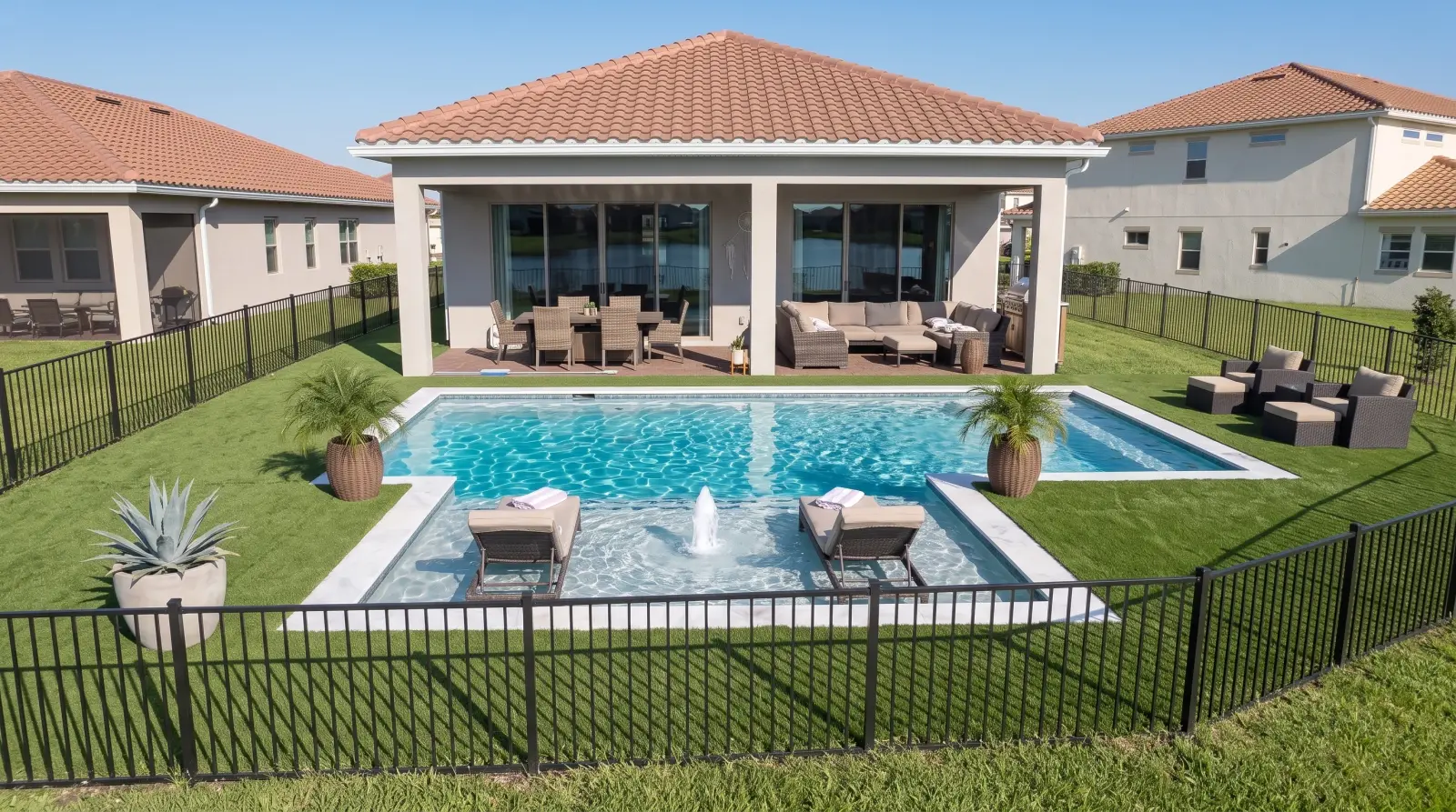 Photoreal back visualization of the completed Oakenshaw Lane Residence poolscape
