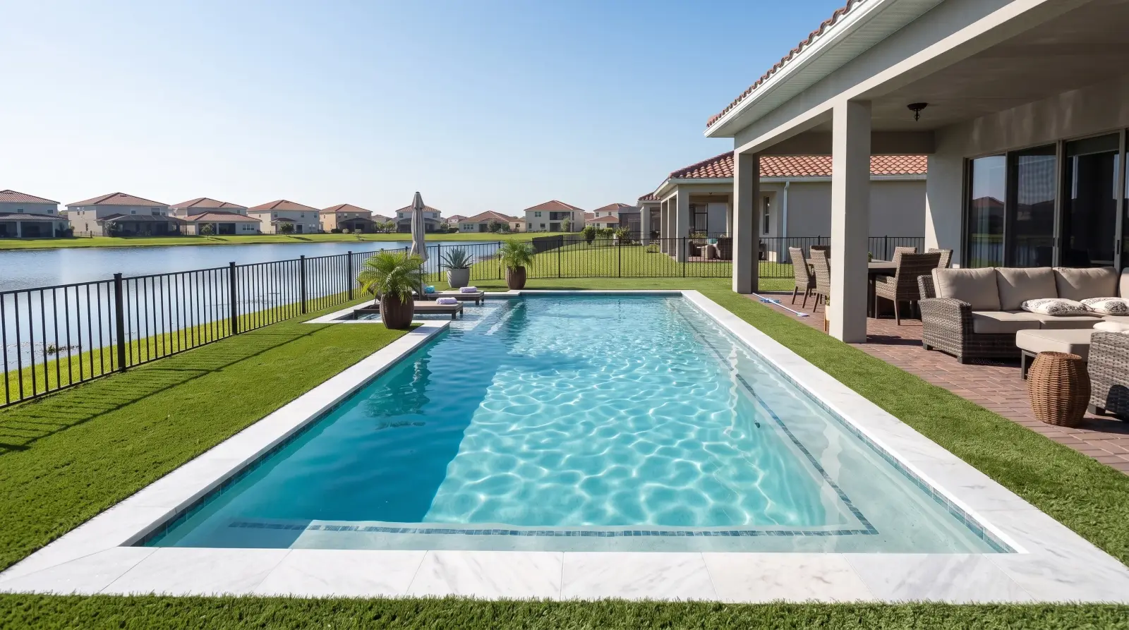 Photoreal left visualization of the completed Oakenshaw Lane Residence poolscape