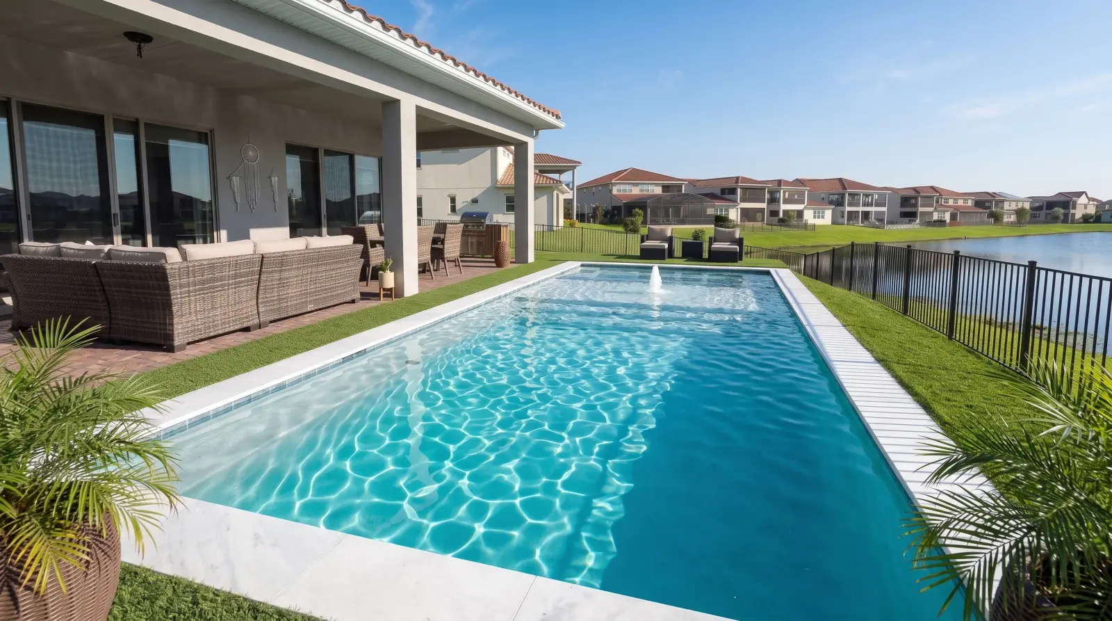 Photoreal right visualization of the completed Oakenshaw Lane Residence poolscape