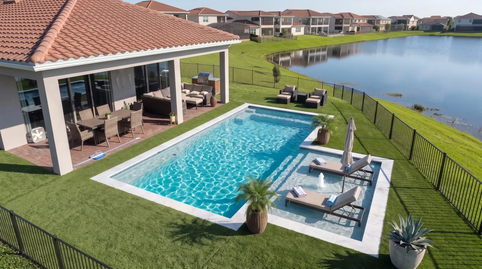 Photoreal top visualization of the completed Oakenshaw Lane Residence poolscape