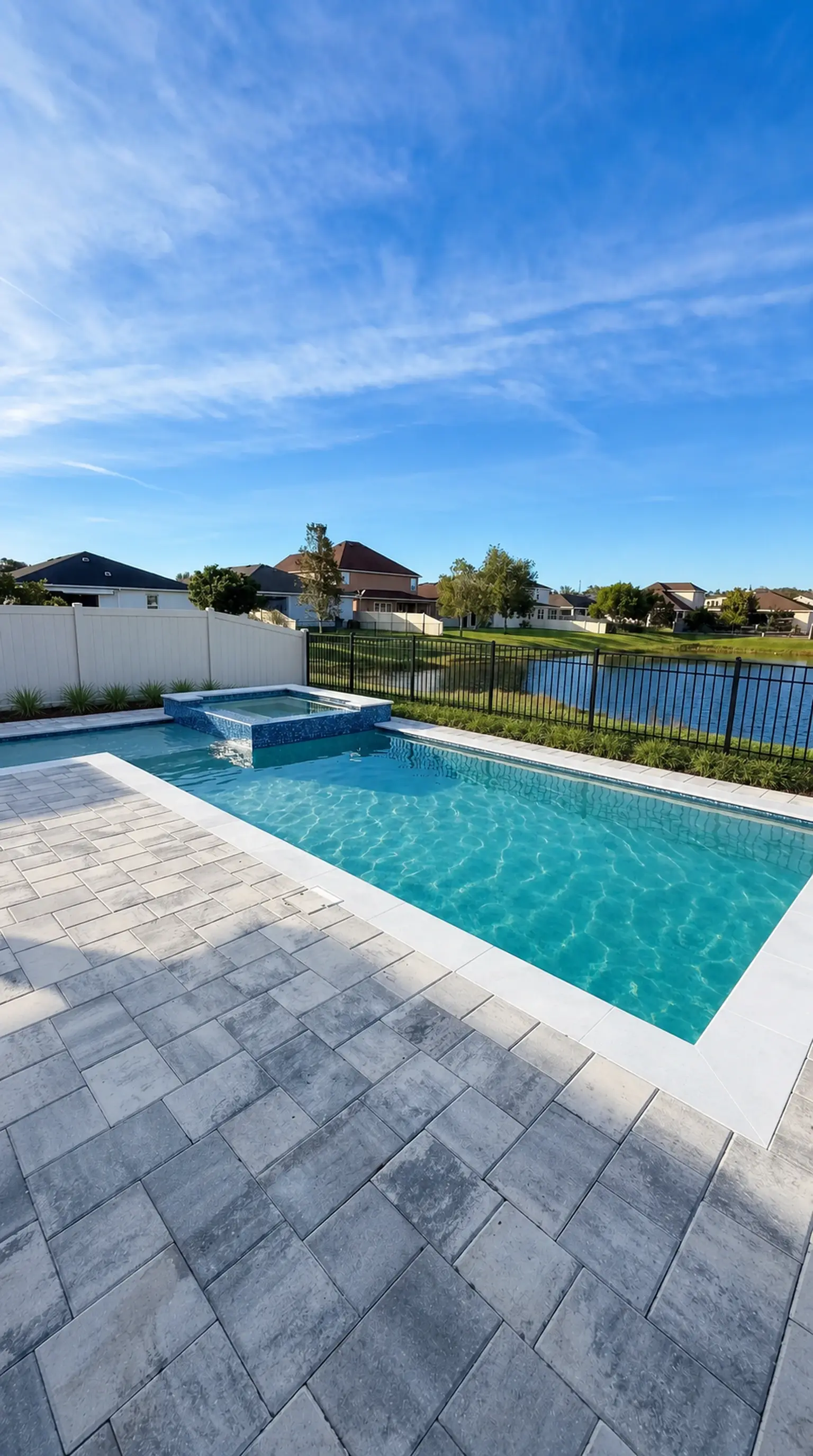 Plumas Way Residence pool viewed from the home toward the raised spa and neighborhood lake