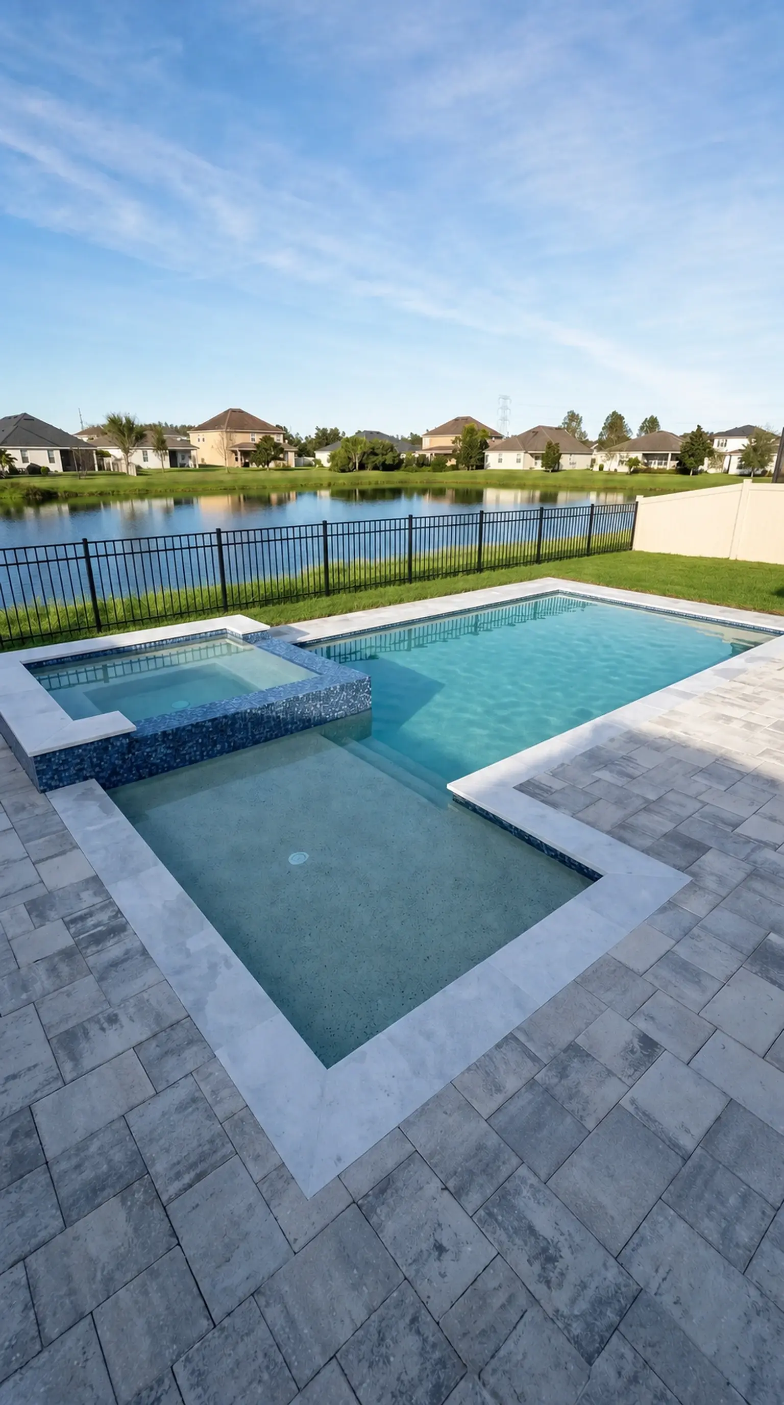 Right-side view across the Plumas Way Residence pool, raised spa, paver deck, and lake