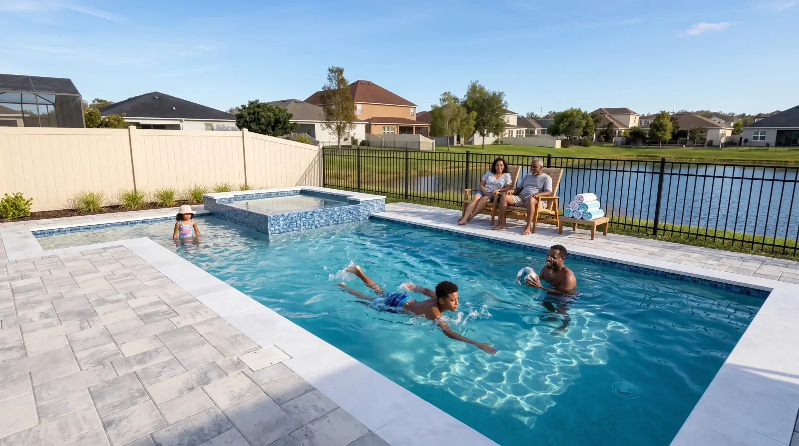 A fictional multigenerational household swimming and playing together in the completed pool