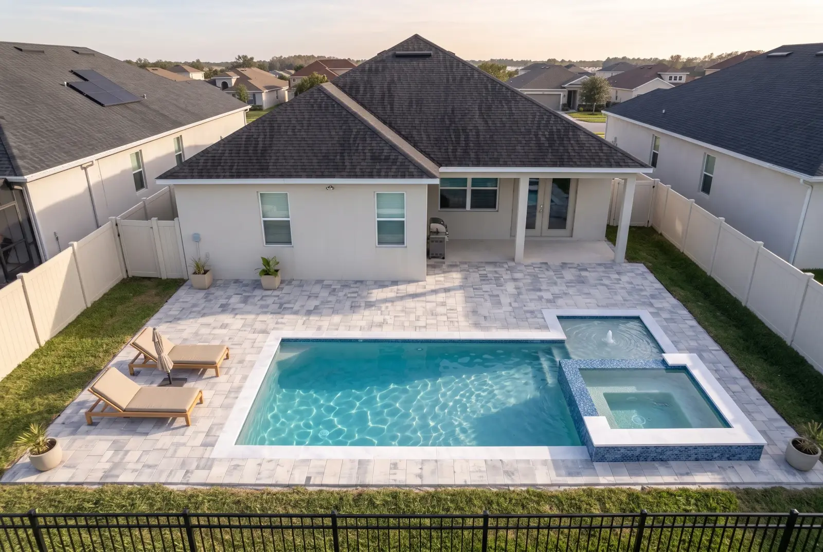 Photoreal visualization from the lake fence across the completed pool toward the home