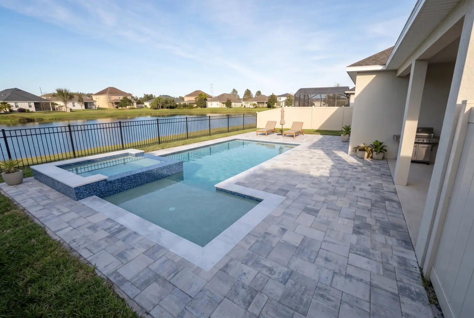 Photoreal side visualization along the completed Plumas Way Residence pool toward the lake