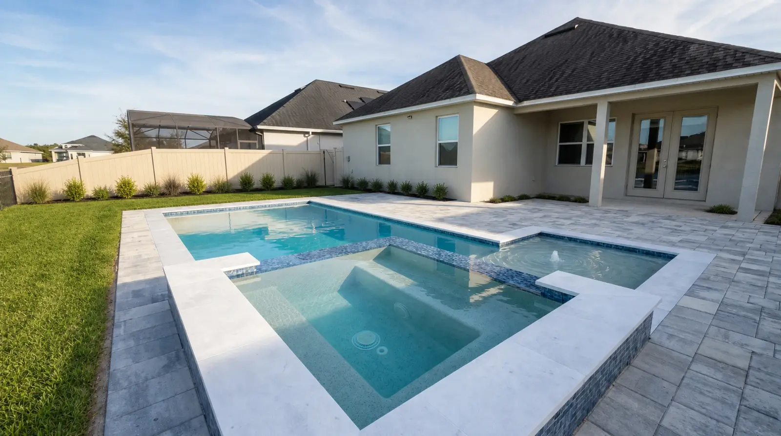 Three-quarter view of the completed Plumas Way Residence pool, raised spa, and rear patio