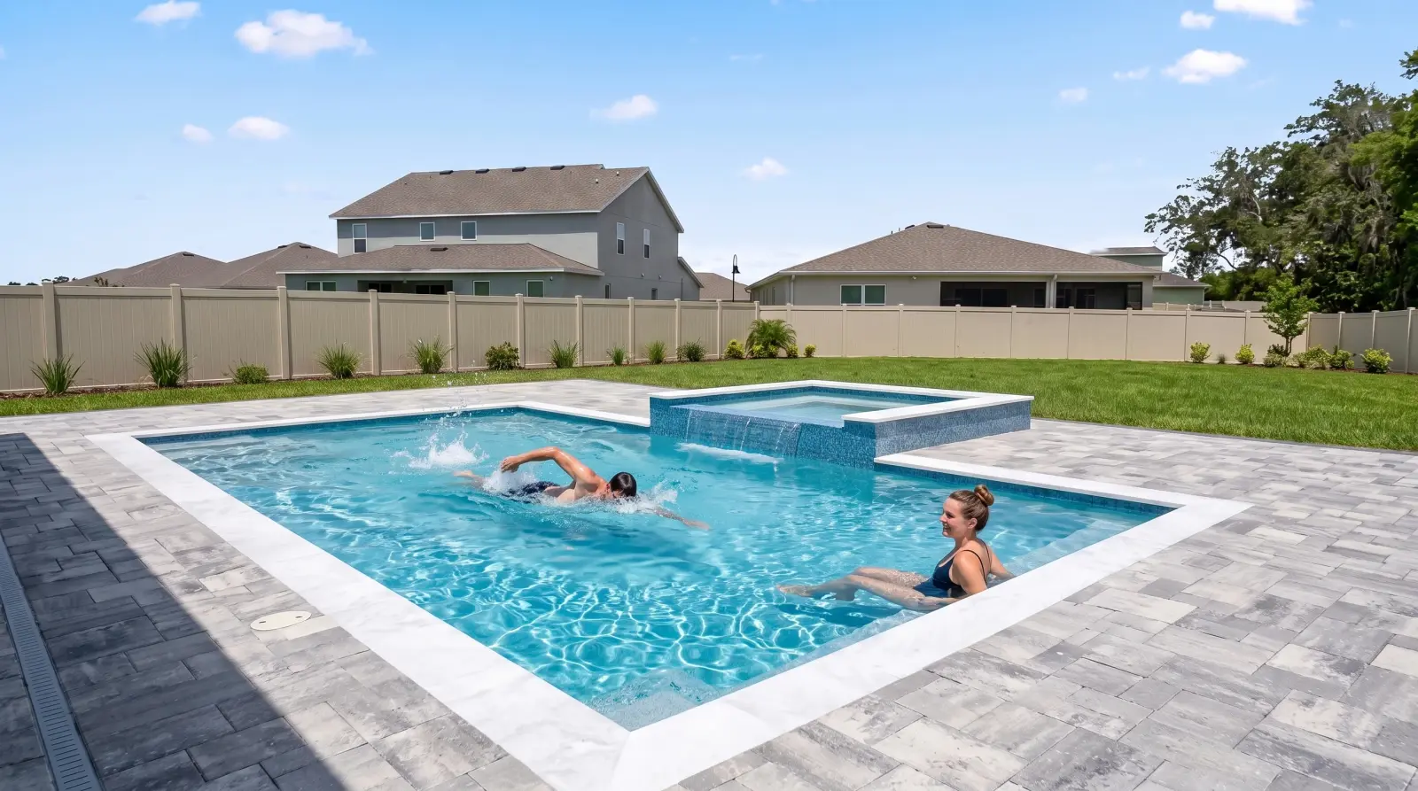 A fictional adult couple swimming together in the completed pool