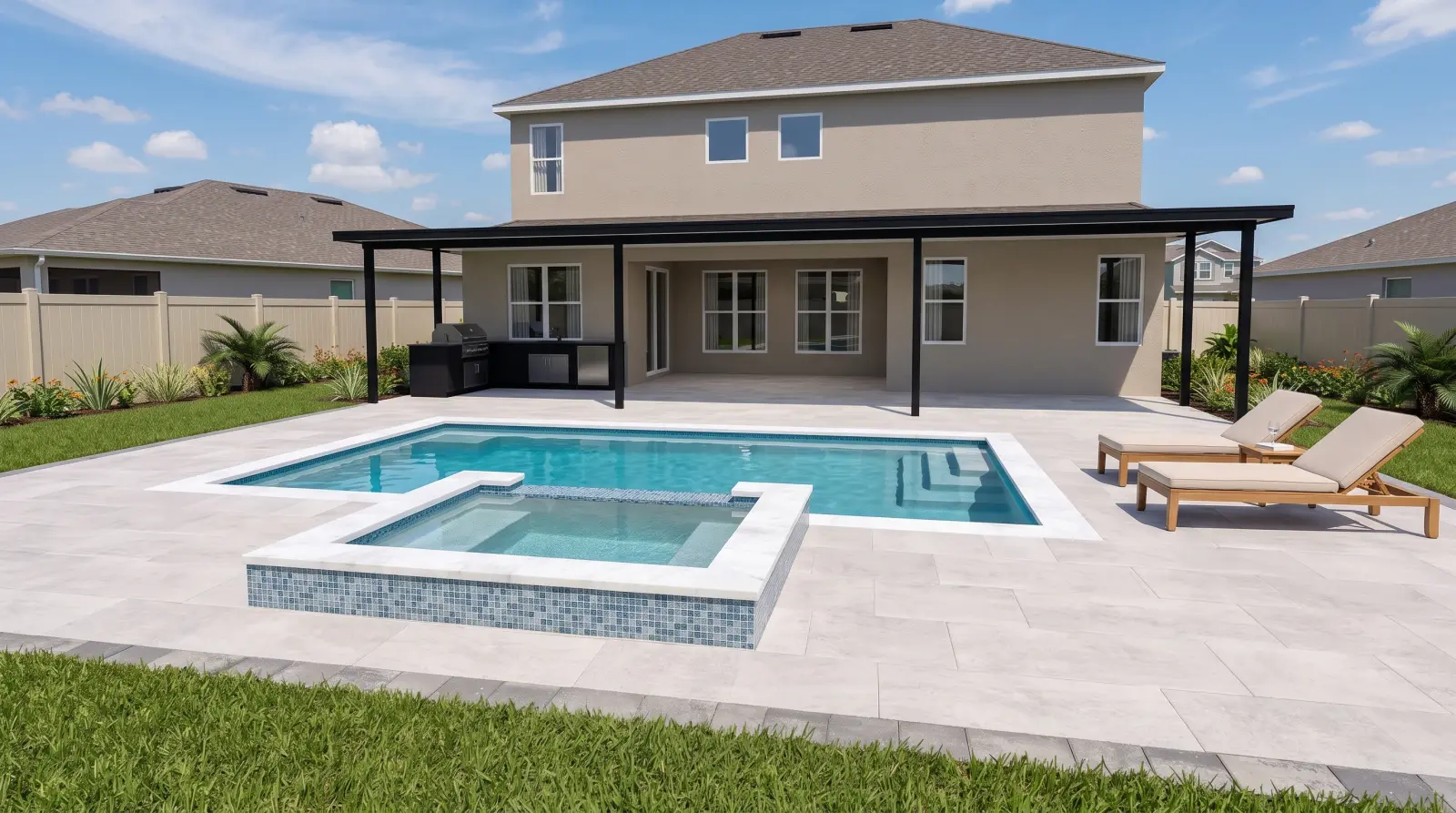 Photoreal reverse visualization across the Rock Maple Bend Residence pool toward the home