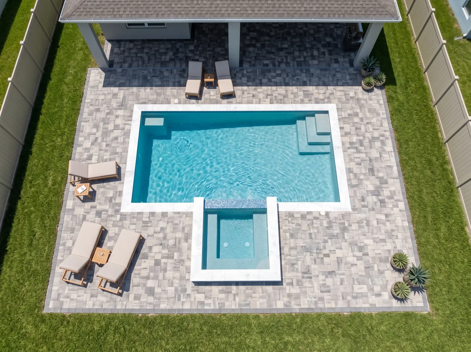 Top-down aerial view of a completed Grunit pool and backyard